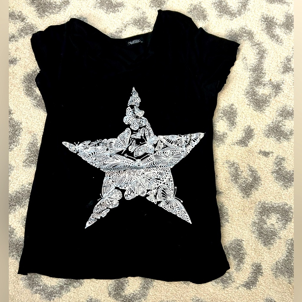 Lauren Moshi Black Short Sleeve Tee with White Star Graphic Sz Small